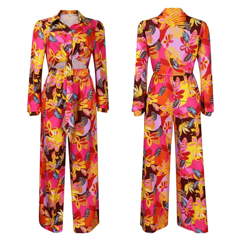 Women's Fashion Print Two-piece Suit Lapel Tie Shirt Wide Leg Pants Suit_autovado.com