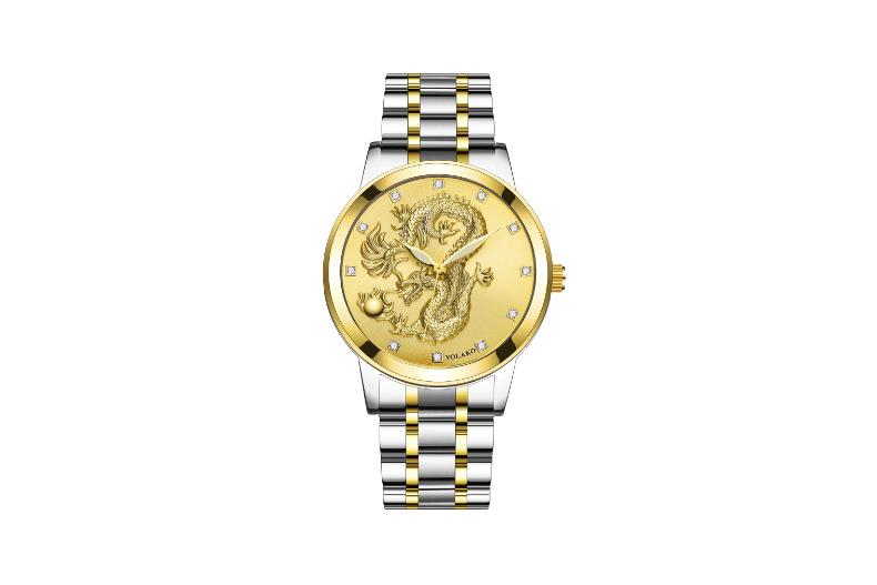 Men's Quartz Watch Men's Watch Diamond Yellow Gold Luminous Waterproof Steel Belt Relief Dragon Totem Watch_autovado.com