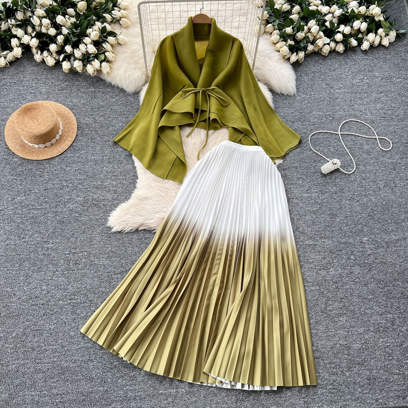 Ruffled Butterfly Sleeve Gradient Tie Cape Short Coat Top + Gradient Pleated Skirt Two-piece Suit_autovado.com