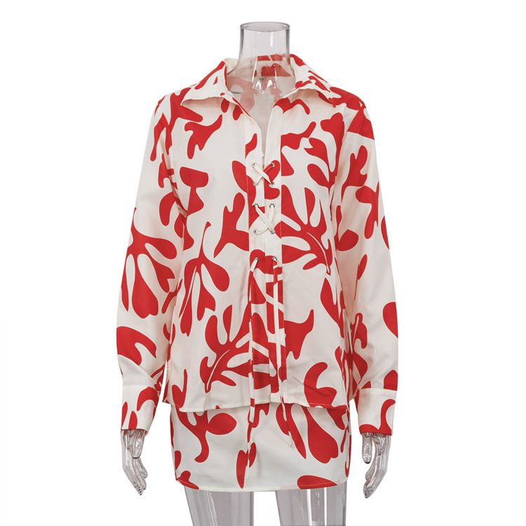 Women's Clothing summer printed short skirt lapel loose women's shirt casual suit_autovado.com