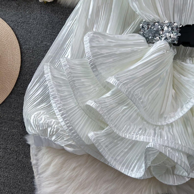 Women's fashion set female socialite temperament lantern long sleeve V-neck lotus leaf bright face shirt women's high waist sequin skirt_autovado.com