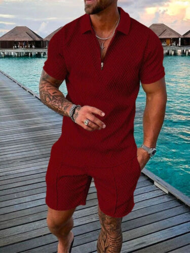 Men's Fashion Casual Suit 3D Printed Zipper Short Sleeve Polo Shirt Shorts 2-Piece Set_autovado.com