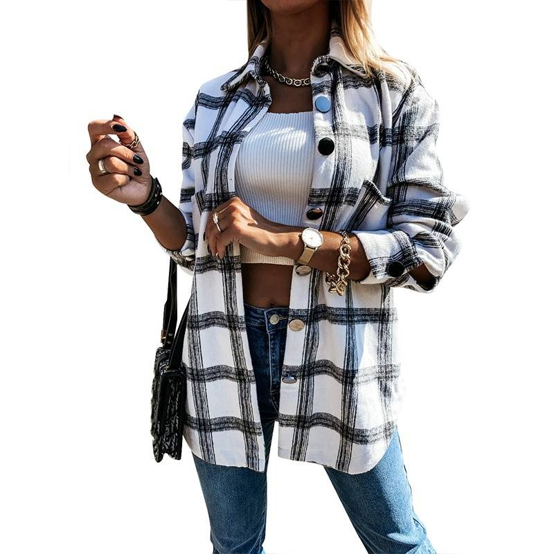 Women's Clothing plaid shirt autumn and winter new loose mid length woolen coat_autovado.com