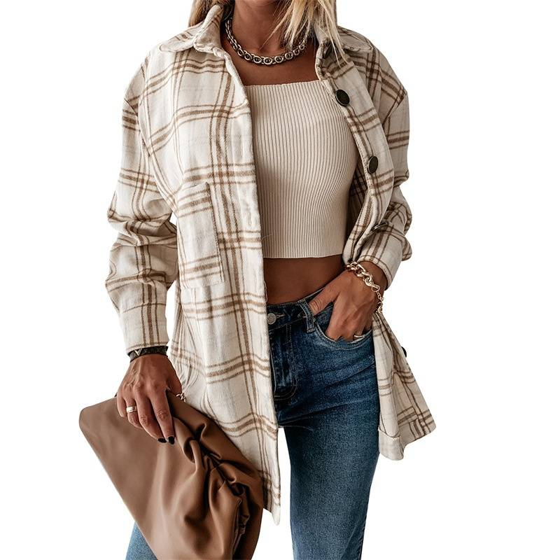 Women's Clothing plaid shirt autumn and winter new loose mid length woolen coat_autovado.com