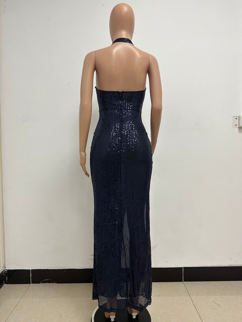 Women's slit sleeveless hot girl dress female halter neck backless sequin dress skirt_autovado.com
