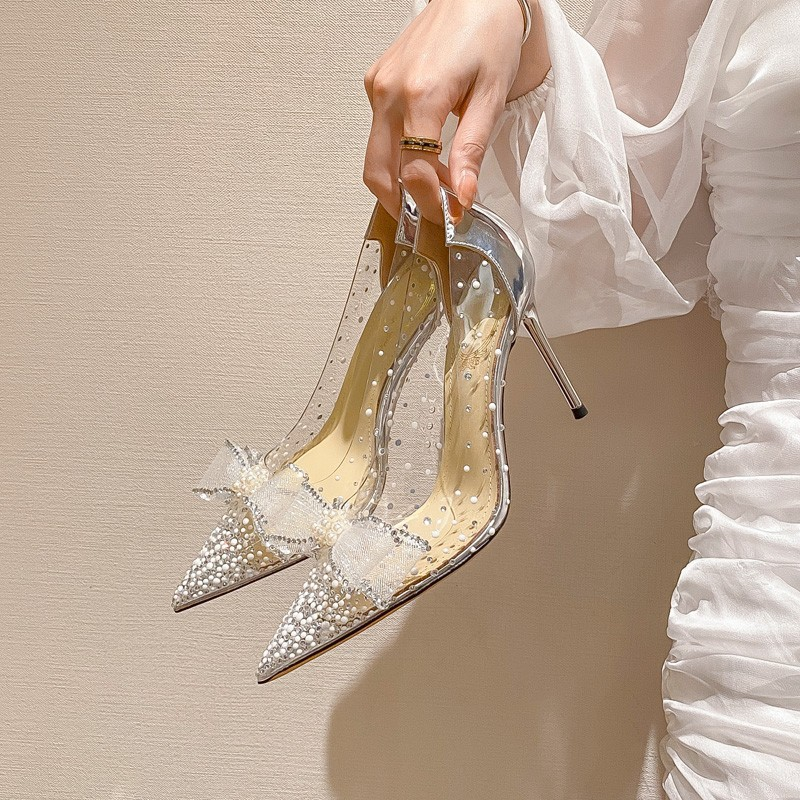 p7 with transparent bow 2023 summer women's shoes live broadcast on behalf of European and American slope heels stiletto_autovado.com