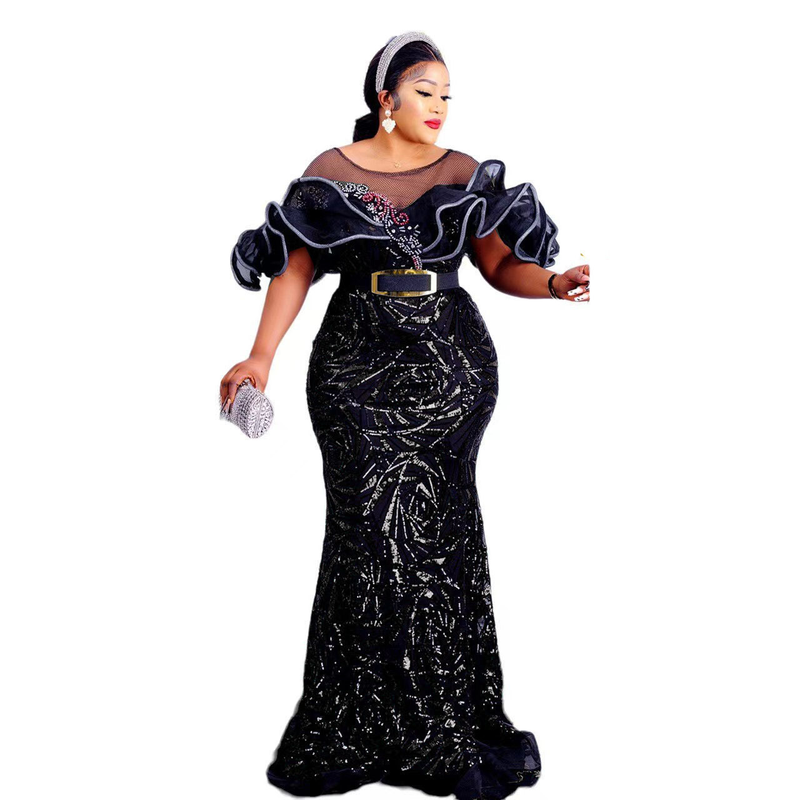 Rose-shaped Sequins Slim Mermaid Evening Dress Long Skirt One-shoulder Lotus Leaf Luxury Women's Clothing_autovado.com