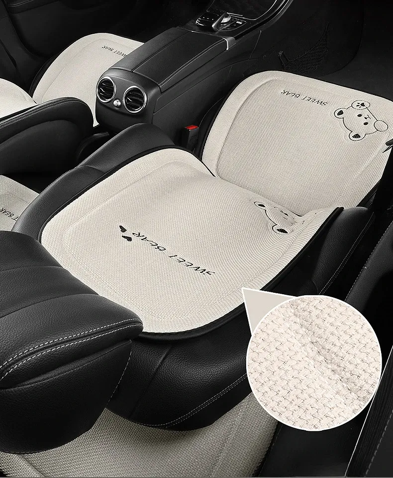Fashion Linen Cartoon Bear Women's Cute Anti-slip Breathable Car Seat Protect Cushion Cover Universal_autovado.com