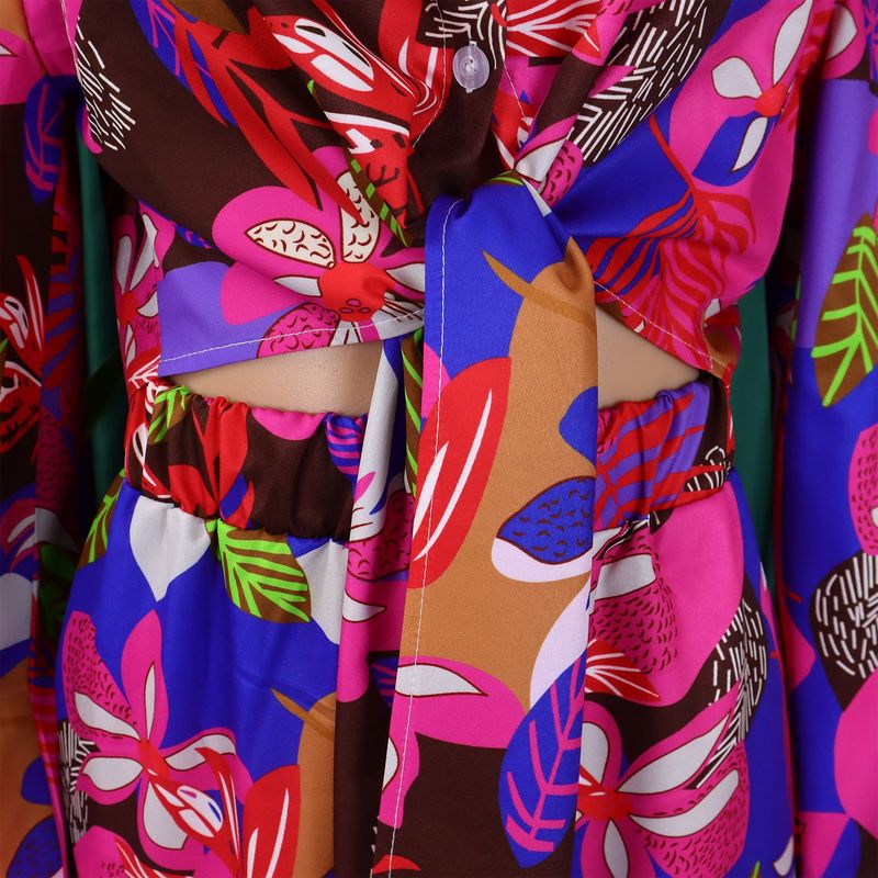 Women's Fashion Print Two-piece Suit Lapel Tie Shirt Wide Leg Pants Suit_autovado.com