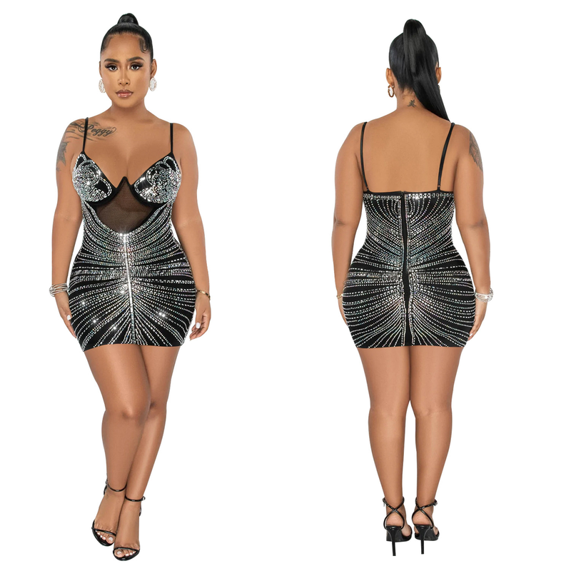 Women's hot diamond mesh suspender sleeveless short skirt dress_autovado.com