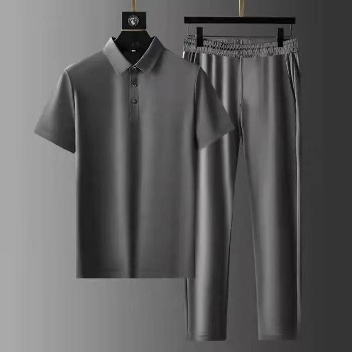 2 Pcs/Set Mens Sets Short Sleeve Seamless Casual Straight Loose Summer Wide Leg Top Trousers Set Men Track Suit_autovado.com