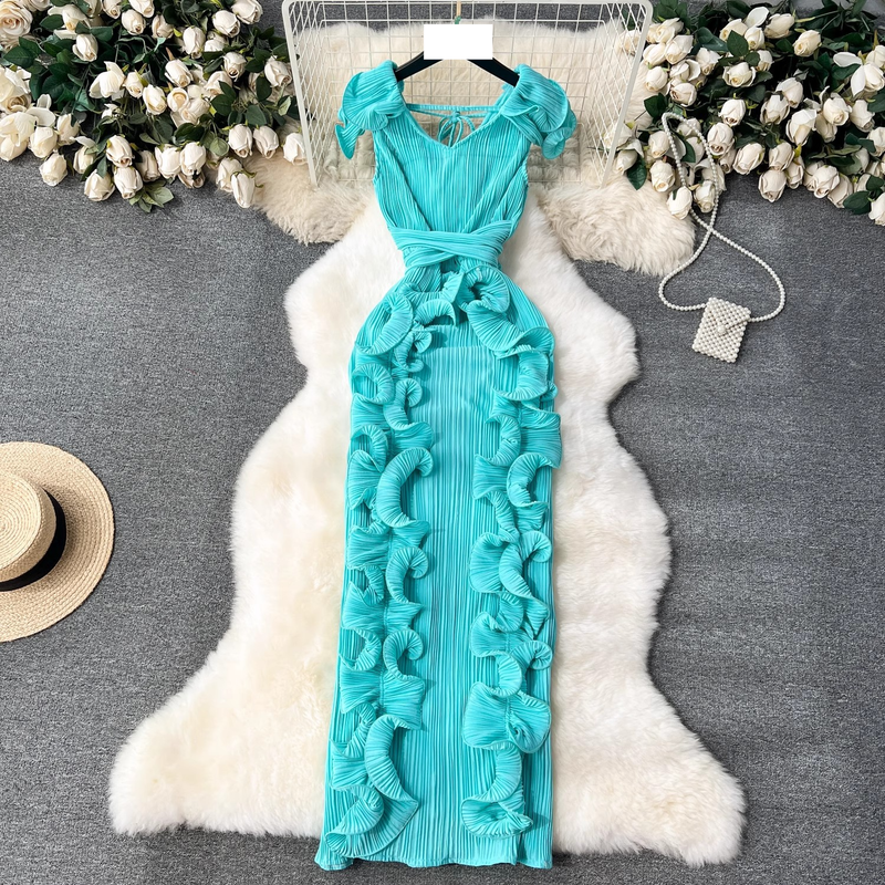 Women's Banquet high-end dress high-end light luxury niche pleated three-dimensional ruffled slim long temperament dress for women_autovado.com