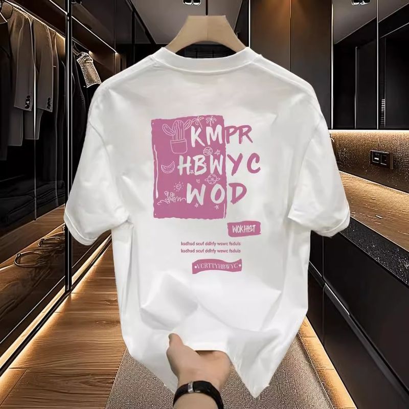 Men's clothing style handsome heavyweight cotton short-sleeved T-shirt - potted letters young men and women street loose round neck comfortable_autovado.com