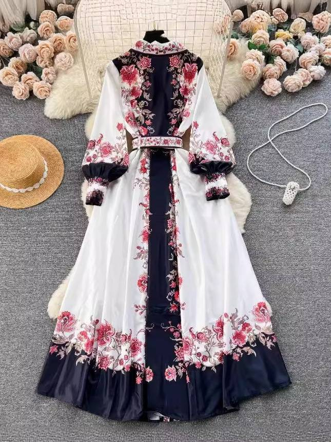Women's Clothing color matching print slim long puff sleeve temperament dress spring dress _autovado.com