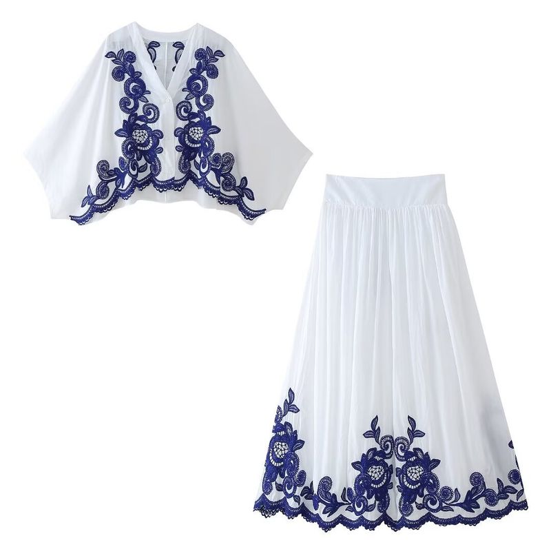 Women's ClothingFashion Contrast Embroidered Shirt + Skirt Set Women_autovado.com