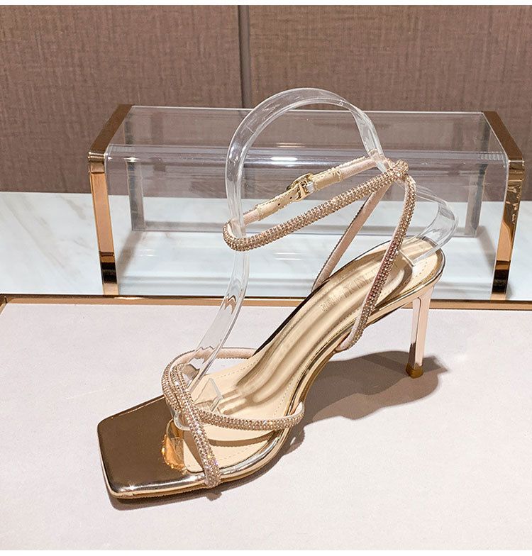 Women's fashion high sense 32-43 open toe square head silver rhinestones all French line with high heels sandals_autovado.com