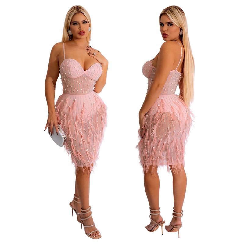 Women's Clothing sleeveless suspender hot diamond feather dress for women_autovado.com