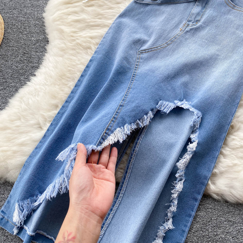Women's Smocked Strappy Shoulder Vest Irregular Raw Edge Slit Denim Skirt Two-piece Set_autovado.com