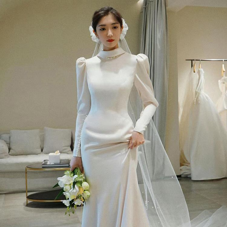 women's light wedding dress, simple slim fit, slim satin evening dress, long sleeves, backless, welcome yarn with small tail_autovado.com