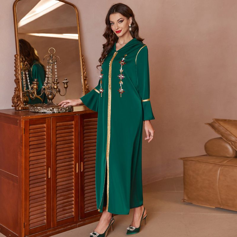 A815 dark green trumpet sleeves front slit walnut satin robe Dubai party banquet dress_autovado.com