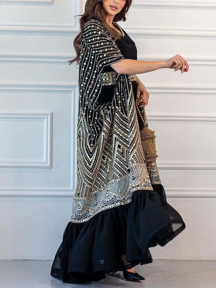 Women's printing fashionable urban casual bat-sleeve pleated vest printed with belt two-piece set_autovado.com