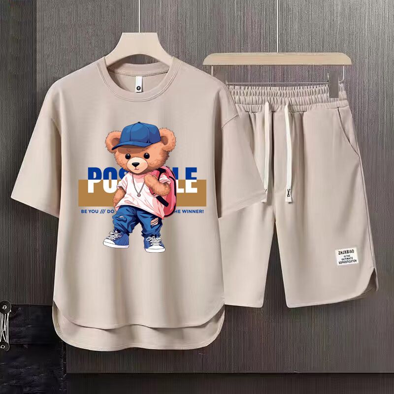 Men's Clothing 2024 Waffle Casual Summer Suit Men's Loose Teen Short sleeved T shirt Shorts Handsome Two piece Suit_autovado.com