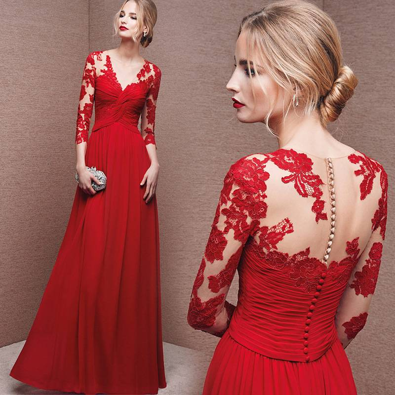 Women's clothing new style fashionable long-sleeved red one-shoulder bridal wedding dress long banquet evening dress_autovado.com