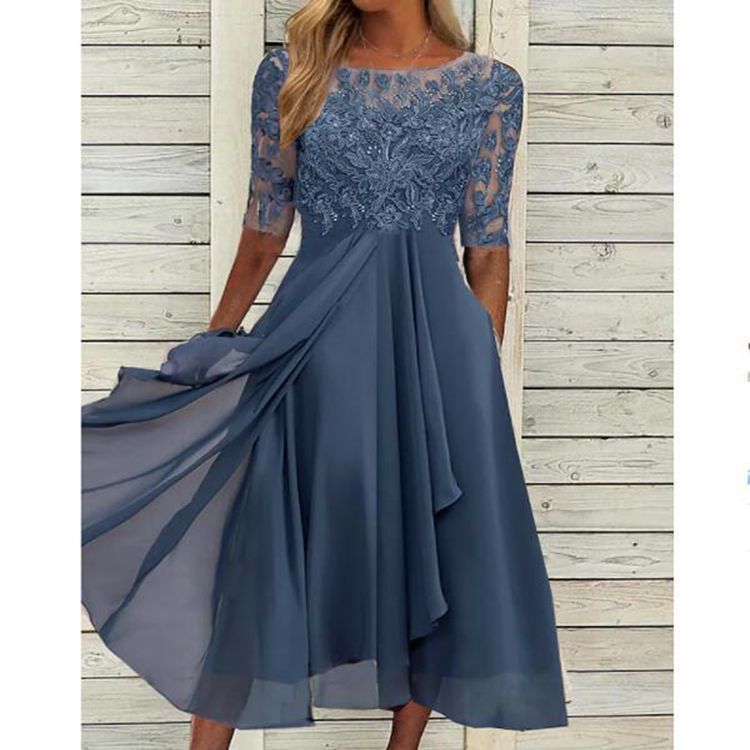 Women's clothing Dress Chiffon Spliced Lace Hollow Long Skirt Bridesmaid Evening Dress Women's Clothing_autovado.com