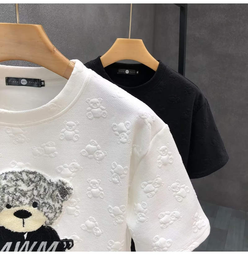 Men's clothing Bear embroidered short-sleeved T-shirt for young men handsome round neck T-shirt summer new men's cartoon_autovado.com