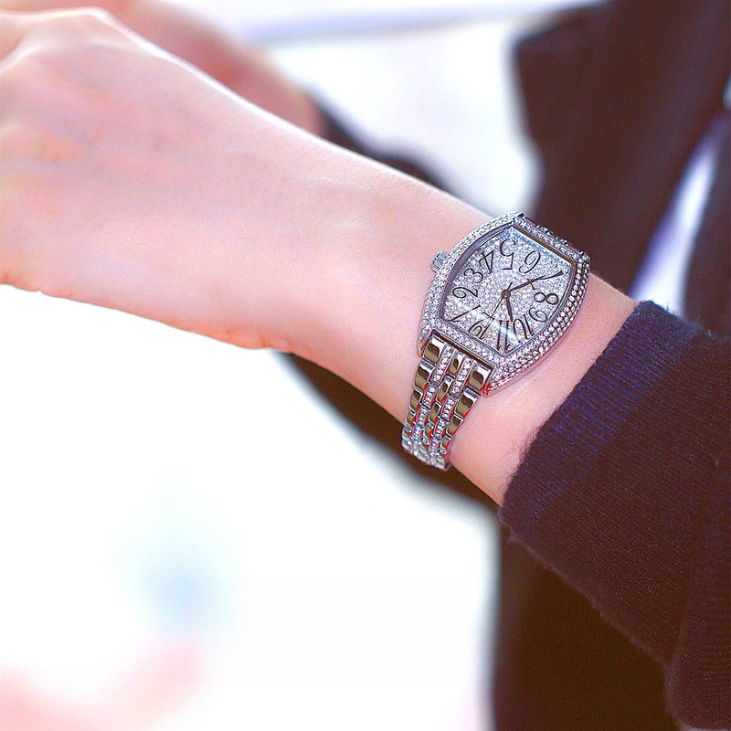 Classic barrel shaped full diamond inlaid luxury women's watch, banquet party jewelry_autovado.com