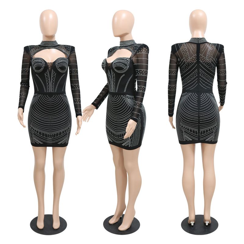 Women's Clothing round neck long-sleeved dress with hollow design on the chest and rhinestone hip party dress_autovado.com