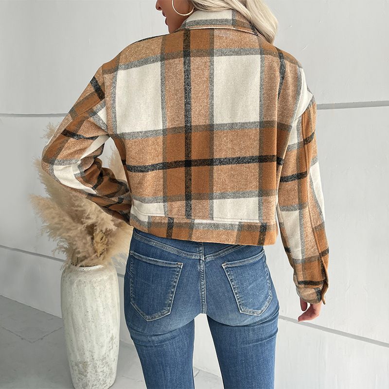 Women's clothing short plaid cardigan lapel jacket women_autovado.com