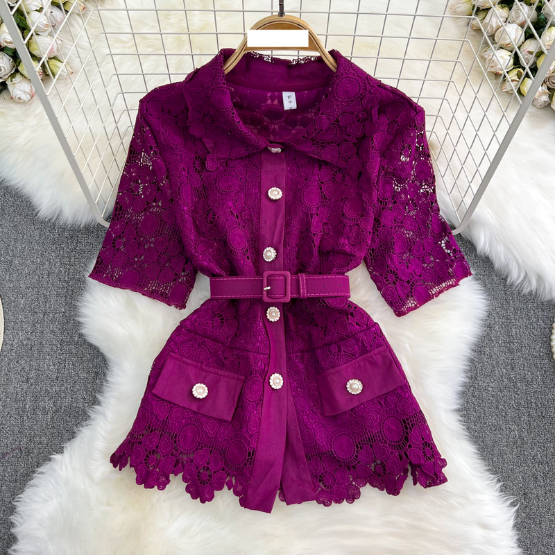Women's fashion single breasted lace shirt two-piece set high waist a line pleated skirt_autovado.com