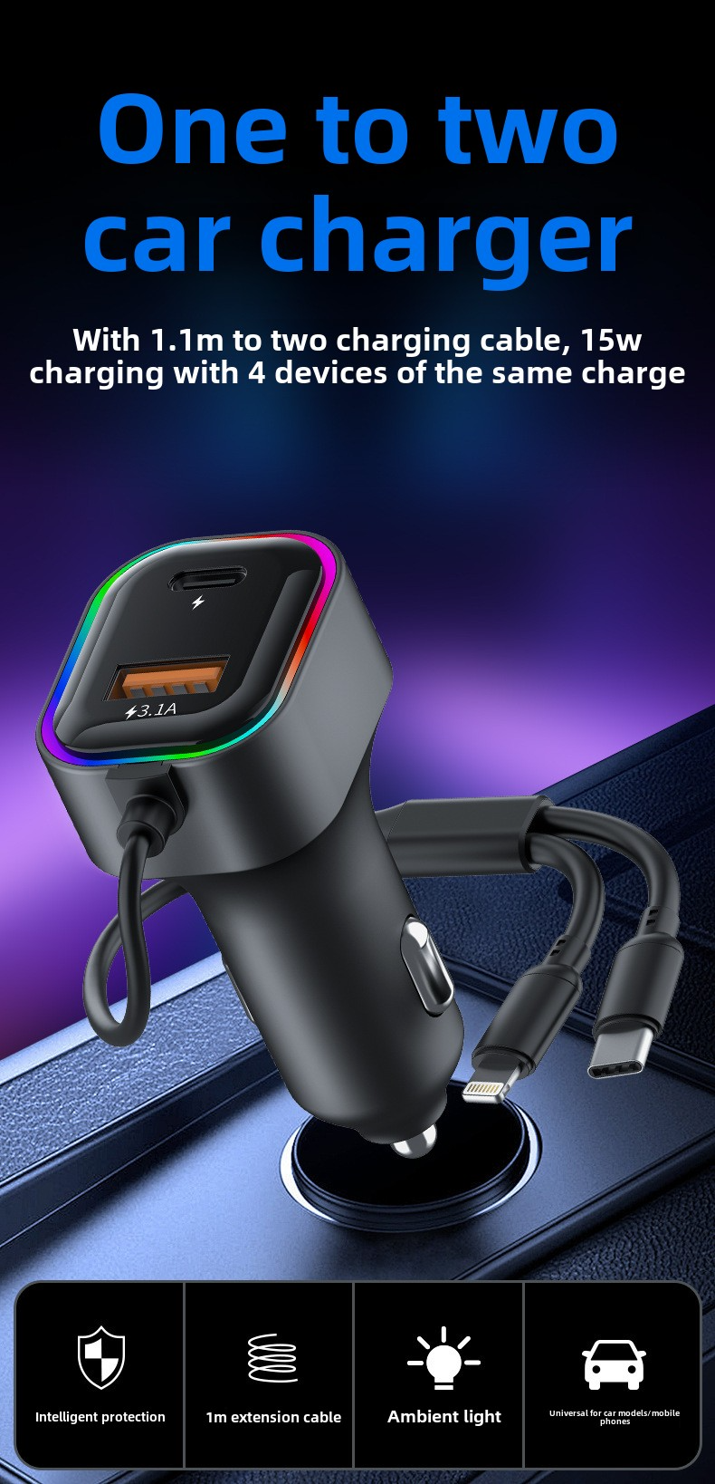 USB One To Two With Cable Charger, Multifunctional Car Phone Charger_autovado.com