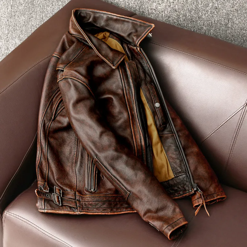 Men Genuine Leather Jacket Vintage Brown 100% Cowhide Coat Man Slim Fashion Biker Clothing Asian Size S6XL M697 Drop_autovado.com
