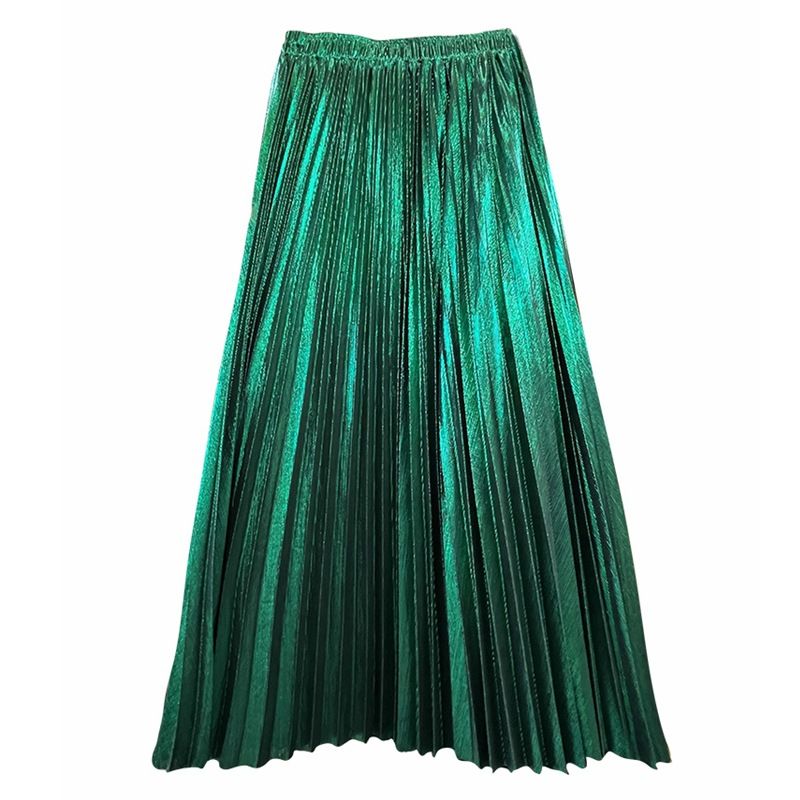 Women's Clothing autumn new high end metallic shiny silk pleated skirt high waist A line long skirt for women_autovado.com