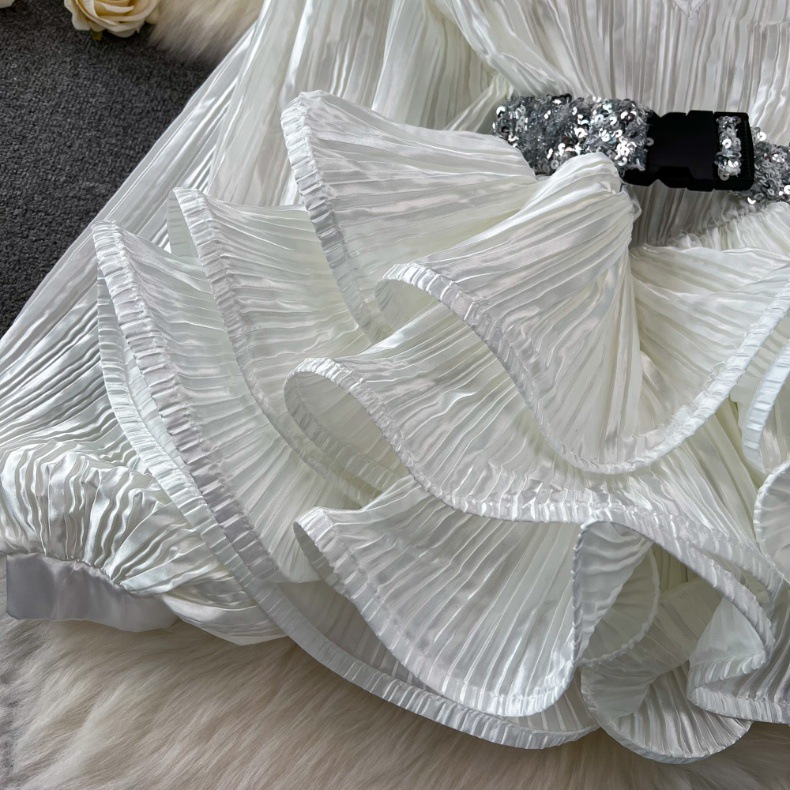 Women's fashion set female socialite temperament lantern long sleeve V-neck lotus leaf bright face shirt women's high waist sequin skirt_autovado.com