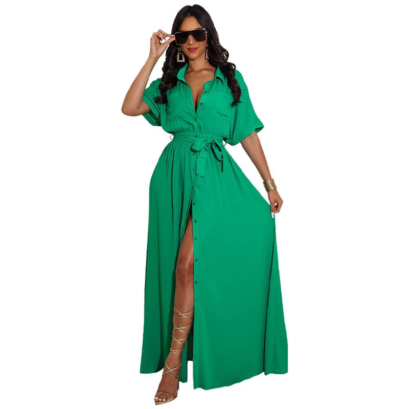Women's fashion casual shirt with waistband, solid color, loose fitting large shirt and dress_autovado.com