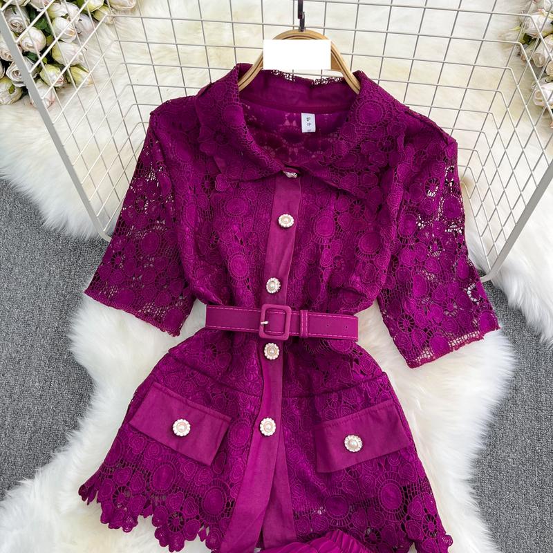 Women's fashion single breasted lace shirt two-piece set high waist a line pleated skirt_autovado.com