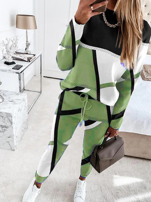 Autumn and winter new women's fashion color matching printed long-sleeved casual women's suit_autovado.com