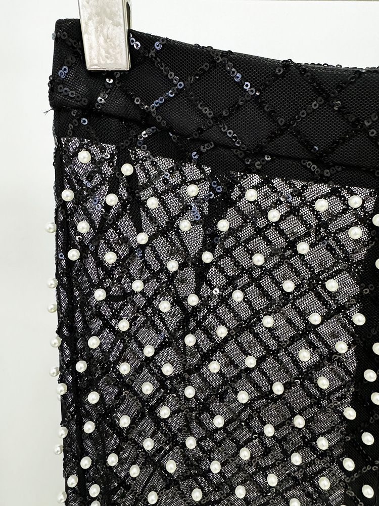 Women's Clothing New Style Hollow Beaded Three Dimensional Flower Suit Pearl Sequin Mesh Trousers Set_autovado.com
