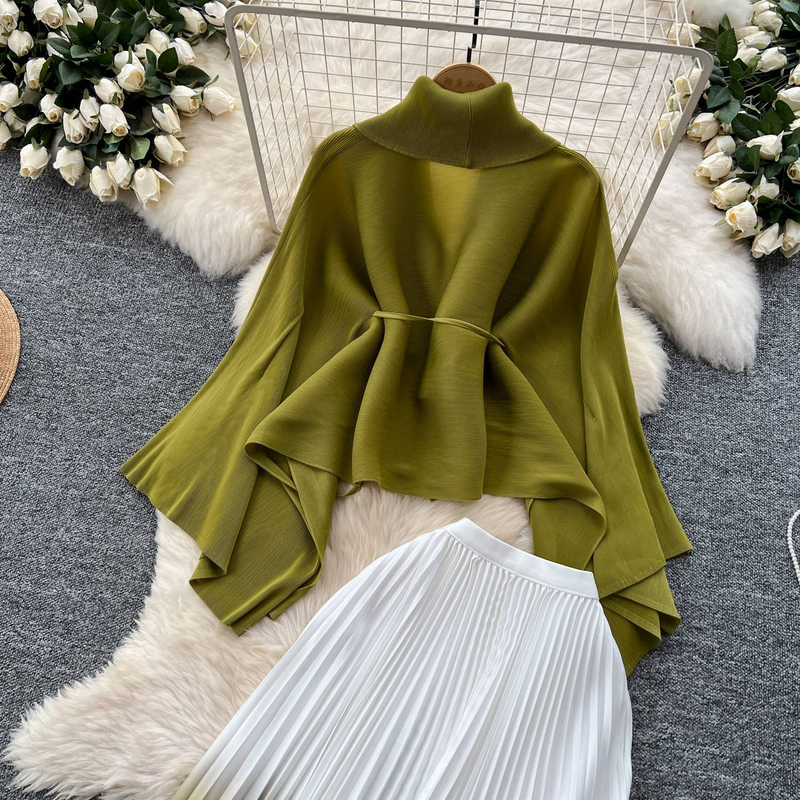 Ruffled Butterfly Sleeve Gradient Tie Cape Short Coat Top + Gradient Pleated Skirt Two-piece Suit_autovado.com