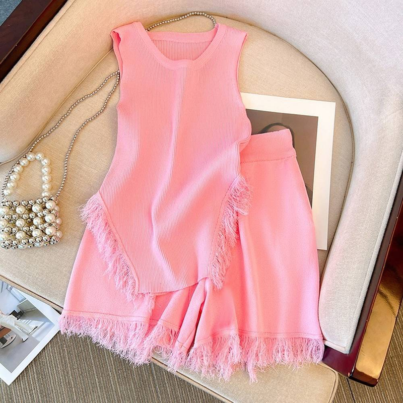 Women's Pink Tassel Knitted Small Camisole + High Waist Wide Leg Casual Shorts_autovado.com
