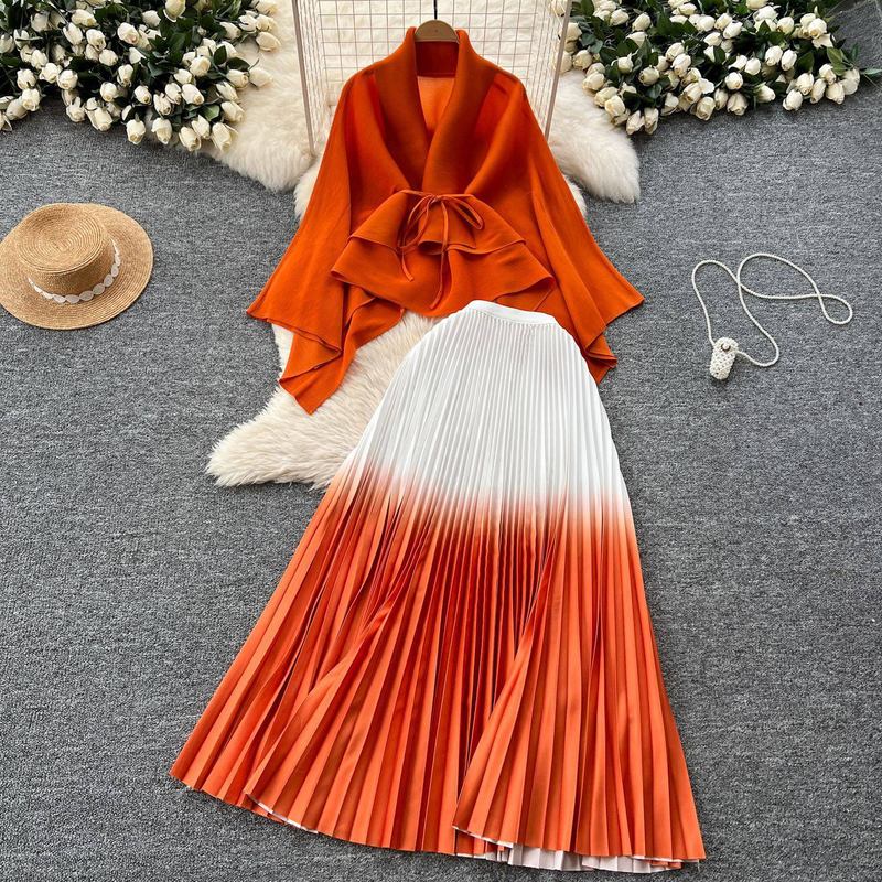 Ruffled Butterfly Sleeve Gradient Tie Cape Short Coat Top + Gradient Pleated Skirt Two-piece Suit_autovado.com