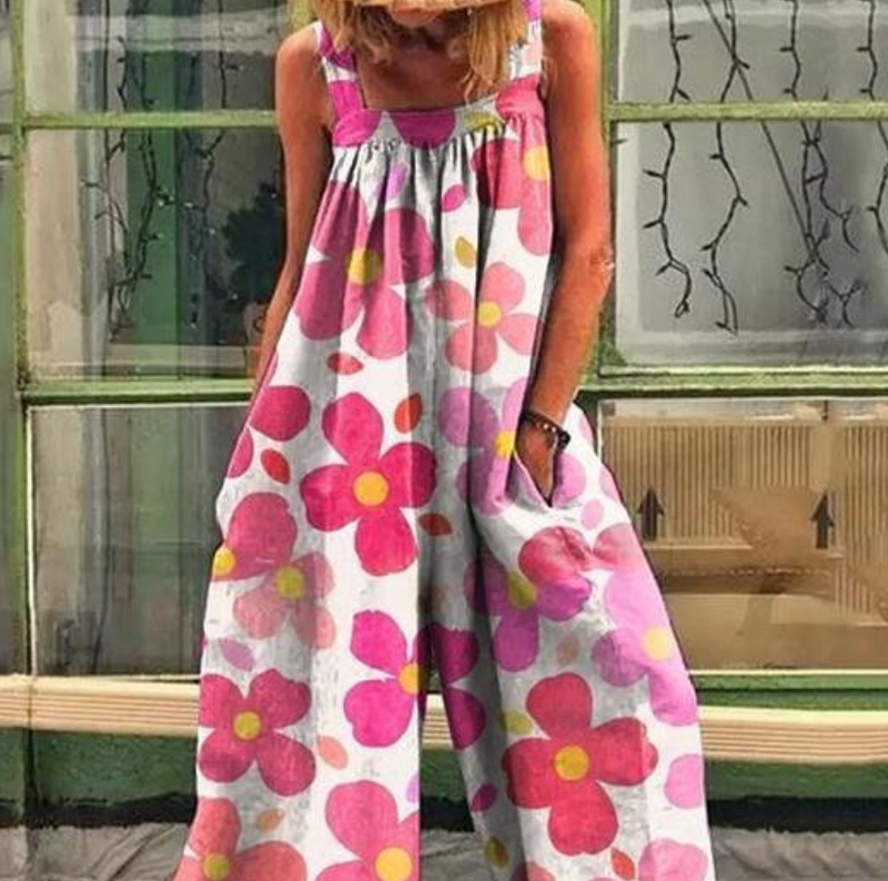 Women's 2023 Summer New Large Fashion Print Loose Strap Wide Leg Jumpsuit_autovado.com