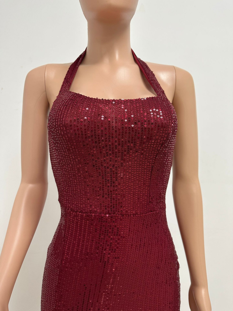 Women's slit sleeveless hot girl dress female halter neck backless sequin dress skirt_autovado.com