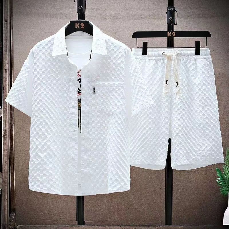 MERCURY Men's Clothing Summer ice silk men's trendy short-sleeved shirt and shorts set waffle thin sports casual two-piece suit_autovado.com
