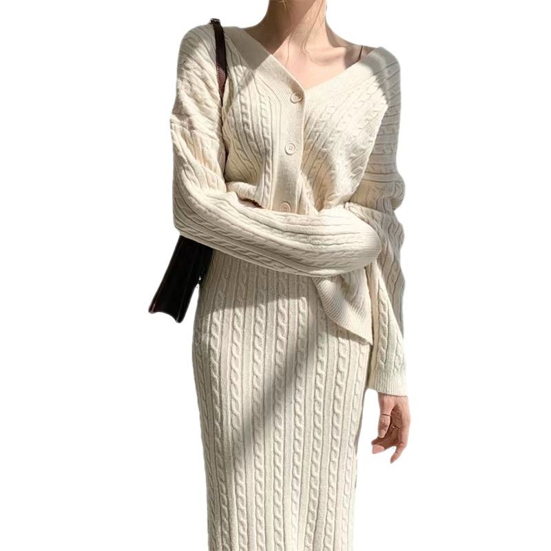 Women's Clothing elegant V-neck linen pattern knitted cardigan sweater + high waist sheath skirt_autovado.com