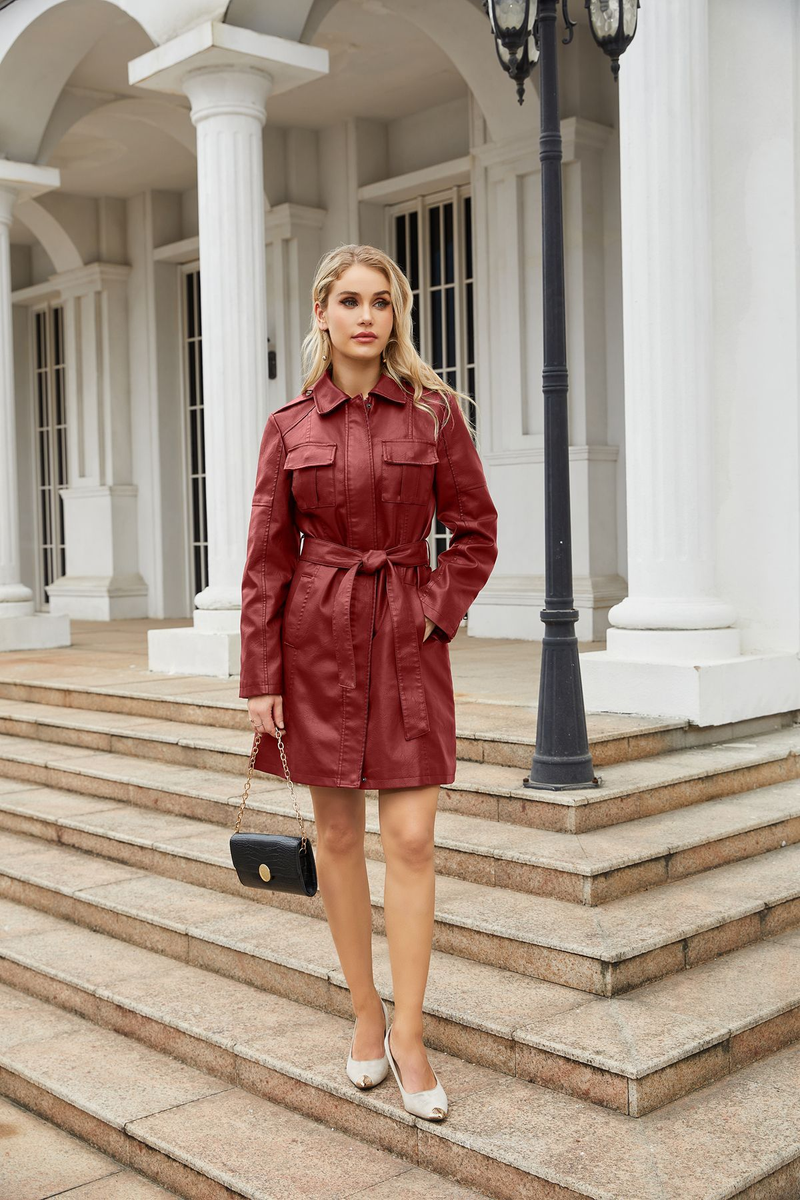 New mid-length leather coat with belt long-sleeved leather trench coat fashionable coat woman_autovado.com
