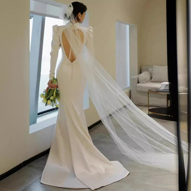 women's light wedding dress, simple slim fit, slim satin evening dress, long sleeves, backless, welcome yarn with small tail_autovado.com